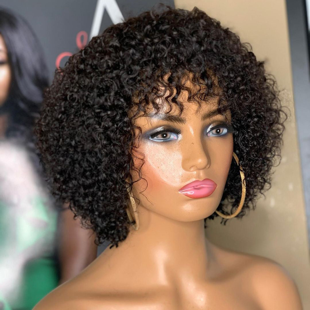 Short Curly Bang Wigs Afro Look Super Volume Bob Wig With Bangs 100