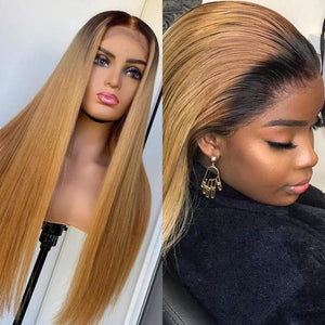 Black Roots Honey Brown Ombre Human Hair Lace Front Wig | Loose Wave Lab Hairs Straight 13*6 Transparent 16inch