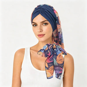 Soft Chemo Headwrap for Women with Chiffon Scarf - Lightweight Turban Headwear for Women with Hair Loss, Chemotherapy & Alopecia Apparel & Accessories > Clothing Accessories > Hair Accessories > Wig Accessories > Tools & Accessories LABHAIRS® 01 - Navy Botanical 