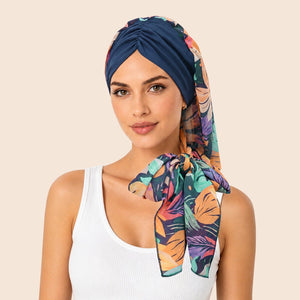 Soft Chemo Headwrap for Women with Chiffon Scarf - Lightweight Turban Headwear for Women with Hair Loss, Chemotherapy & Alopecia Apparel & Accessories > Clothing Accessories > Hair Accessories > Wig Accessories > Tools & Accessories LABHAIRS® Single 01 - Navy Botanical 
