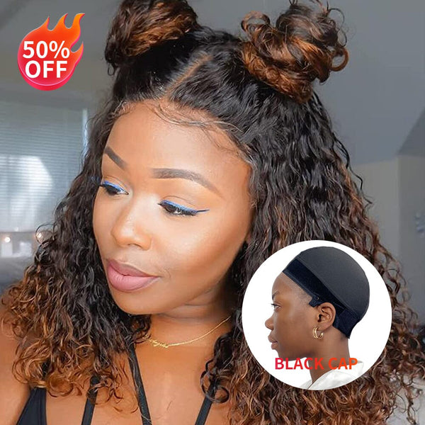 50% OFF 4x4 Transparent Lace Ombre Kinky Curly 180% Density Bob LABHAIRS® Bob+Black Cap(S) 12inch 