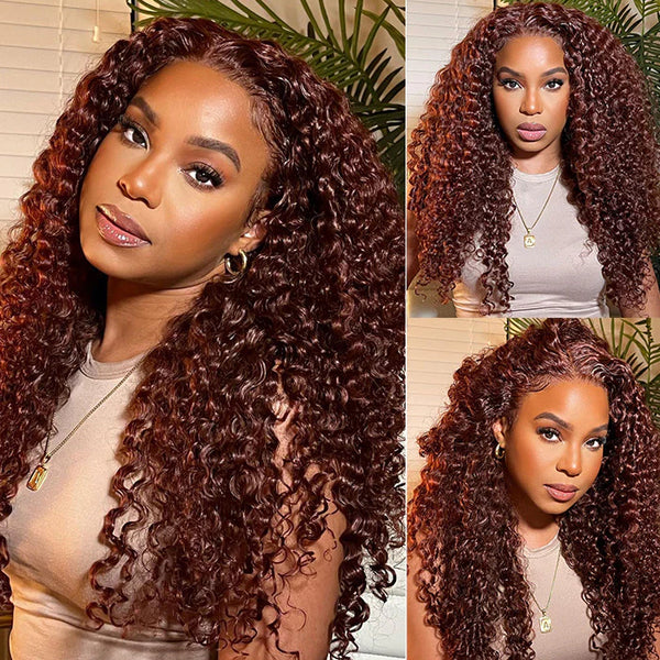 Reddish Brown Curly Full Transparent Human Hair Lace Wig