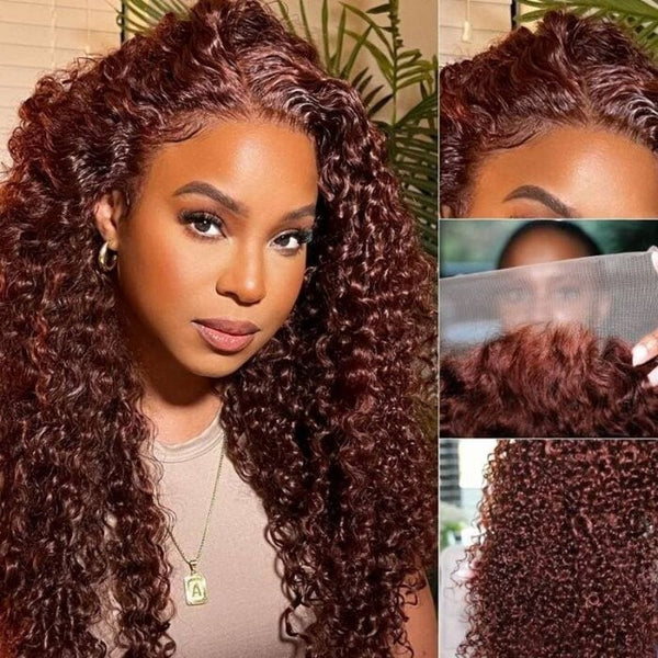 Reddish Brown Curly Full Transparent Human Hair Lace Wig