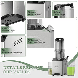WHALL Slow Masticating Cold Press Juicer Machine: 4" Extra - Large Feed Chute, Reverse Function, for Both Soft and Hard Ingredients 180W LABHAIRS® 