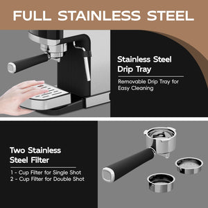 WHALL Espresso Machine 20 Bar, Stainless Steel Coffee Machine with Removable Water Tank New LABHAIRS® 