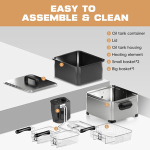WHALL Deep Fryer with 3 Baskets, 5L (21 Cups) Oil Capacity, Temperature Control, Stainless Steel, 1700W LABHAIRS® 