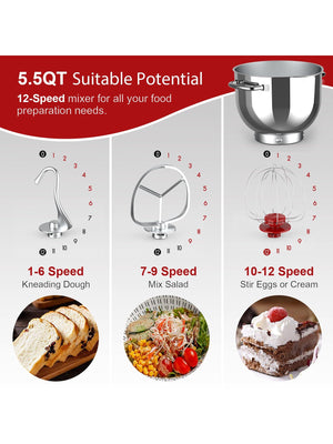 WHALL Stand Mixer - 5.5Qt 12-Speed Tilt-Head Electric Kitchen Mixer with Dough Hook/Wire Whip/Beater, Stainless Steel Bowl (Red) New LABHAIRS® 