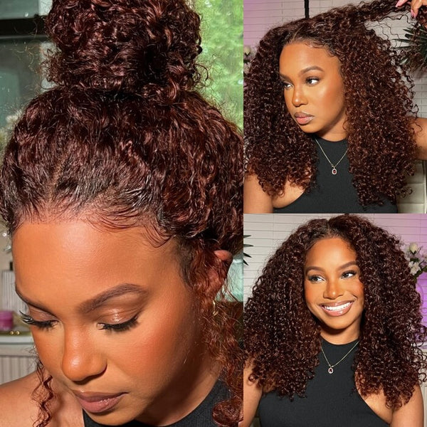 Reddish Brown Curly Full Transparent Human Hair Lace Wig