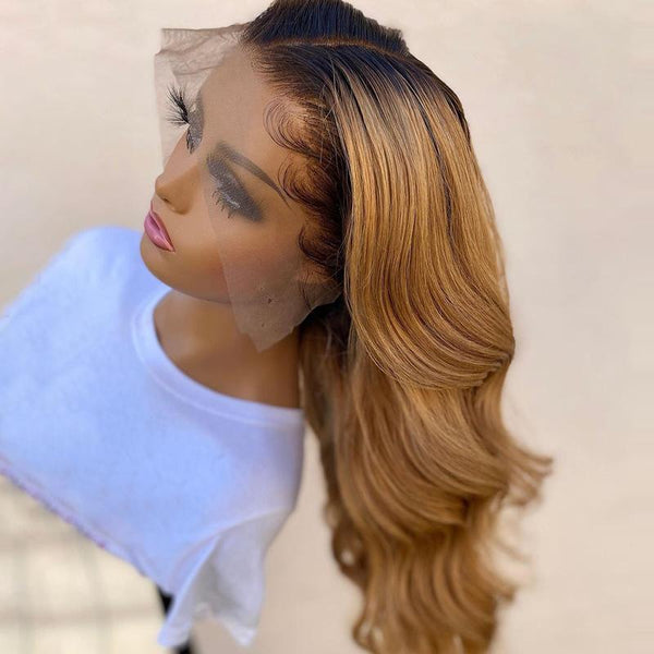 Black Roots Honey Brown Ombre Human Hair Lace Front Wig | Loose Wave Lab Hairs 