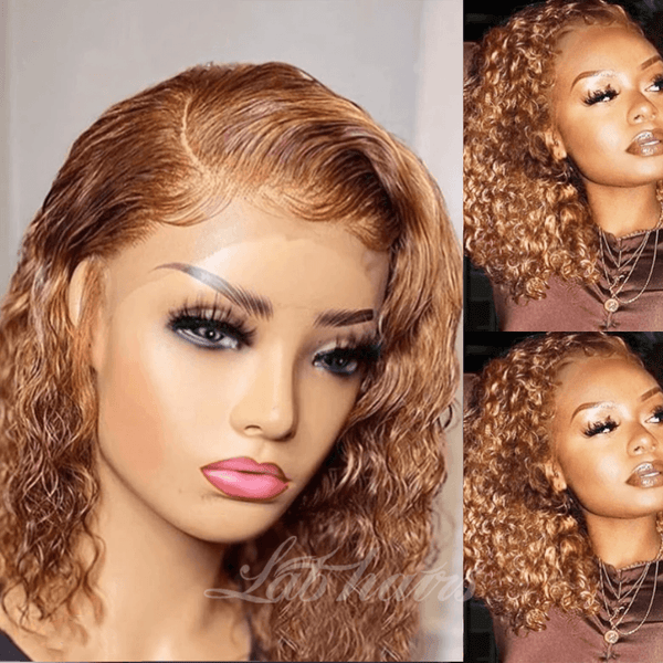 Short curly Honey Blonde Bob Wig Lace Front Human Hair Wigs Top Swiss HD Lace Apparel & Accessories > Clothing Accessories > Hair Accessories > Wigs > Colorful Wig LABHAIRS® 