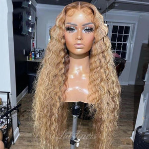 Curly Colored Honey Blonde Ombre Highlight Top Swiss HD Lace Frontal Human Hair Wig|Deep Wave Apparel & Accessories > Clothing Accessories > Hair Accessories > Wigs > 13x6-lace-front-wig LABHAIRS® 