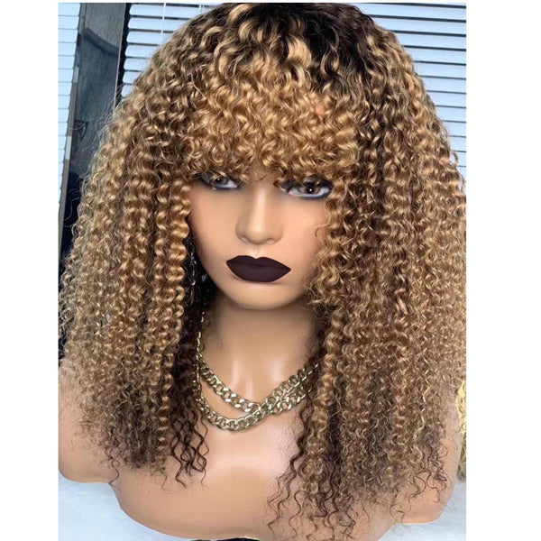 Labhairs Ombre Honey Blonde Luscious Bubble Curly Full Machine Bob Wig With Bangs Apparel & Accessories > Clothing Accessories > Hair Accessories > Wigs > Lace Front Bob Wig LABHAIRS? 