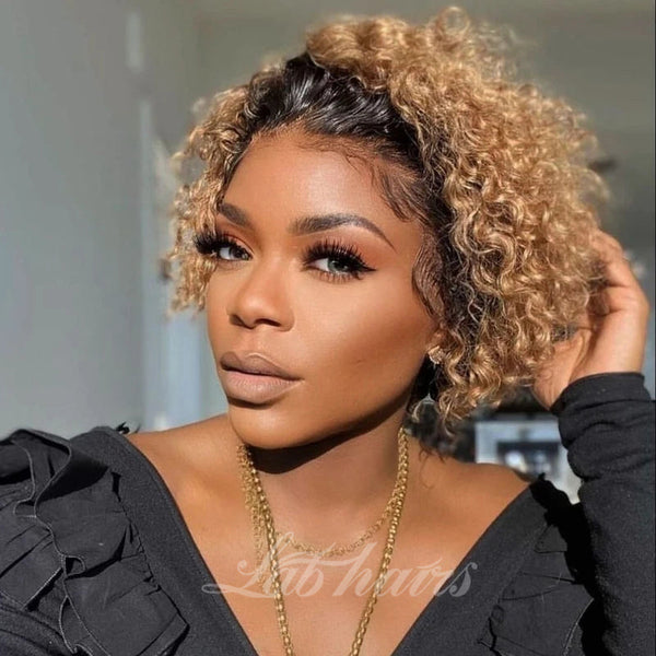 13*4 Undetectable Top Swiss HD Lace Ombre Honey Blonde Color Deep Curly Bob Wig Apparel & Accessories > Clothing Accessories > Hair Accessories > Wigs > Colorful Wig LABHAIRS® 
