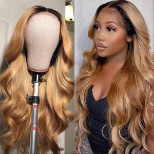 Black Roots Honey Brown Ombre Human Hair Lace Front Wig | Loose Wave Lab Hairs 