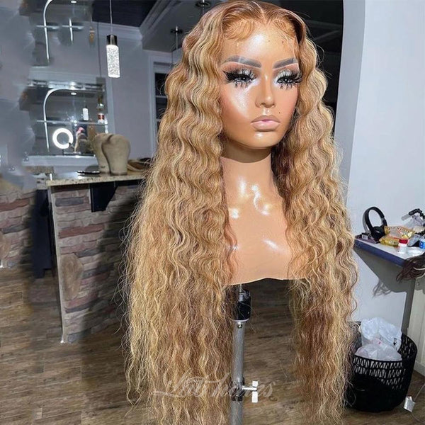 Curly Colored Honey Blonde Ombre Highlight Top Swiss HD Lace Frontal Human Hair Wig|Deep Wave Apparel & Accessories > Clothing Accessories > Hair Accessories > Wigs > 13x6-lace-front-wig LABHAIRS® 