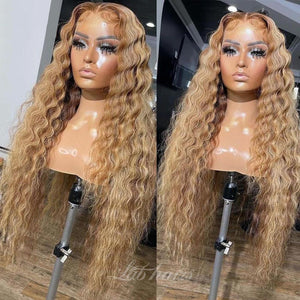 Curly Colored Honey Blonde Ombre Highlight Top Swiss HD Lace Frontal Human Hair Wig|Deep Wave Apparel & Accessories > Clothing Accessories > Hair Accessories > Wigs > 13x6-lace-front-wig LABHAIRS® 