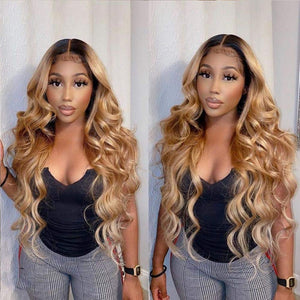 Black Roots Honey Brown Ombre Human Hair Lace Front Wig | Loose Wave Lab Hairs 