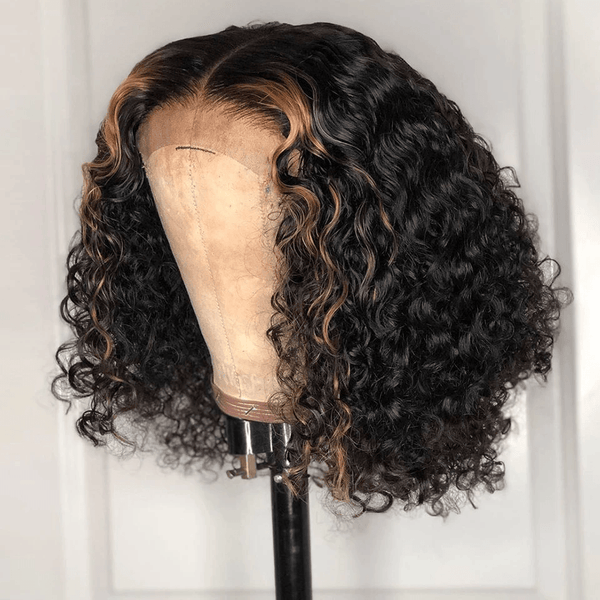 Natrual Black Ombre Honey Brown Wet And Wavy Bob Lace Frontal Wig | Deep Curly Lab Hairs 