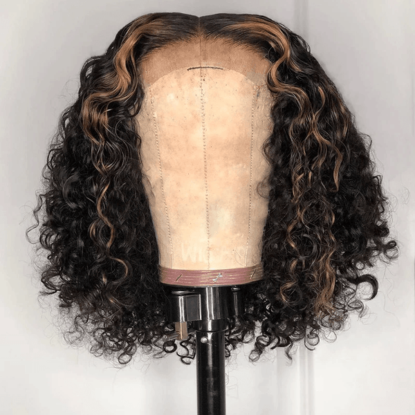 Natrual Black Ombre Honey Brown Wet And Wavy Bob Lace Frontal Wig | Deep Curly Lab Hairs 