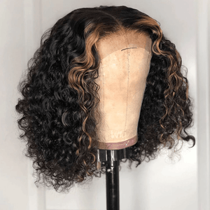 Natrual Black Ombre Honey Brown Wet And Wavy Bob Lace Frontal Wig | Deep Curly Lab Hairs 