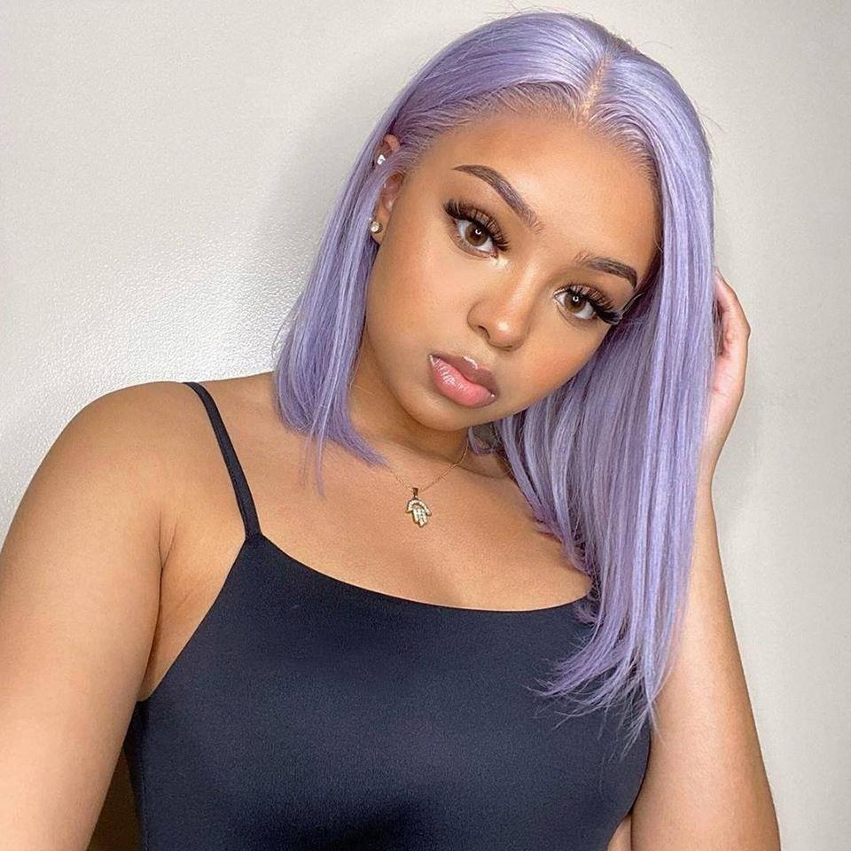 Purple Bob Glueless Short Straight Bob Human Hair Lace Front Wigs