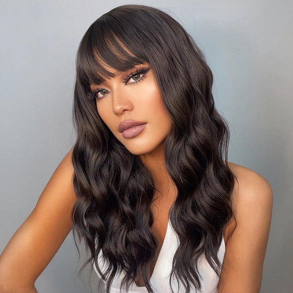 Natural Black Color Wavy With Bang Synthetic Hair Fashion |Labhairs Apparel & Accessories > Clothing Accessories > Hair Accessories > Wigs > Lace Front Bob Wig LABHAIRS? 